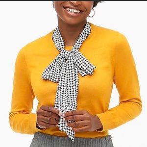 J Crew yellow sweater with herringbone scarf